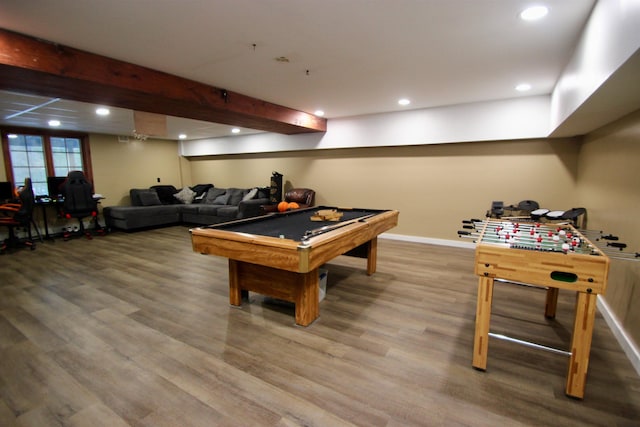 playroom featuring beam ceiling, baseboards, wood finished floors, and recessed lighting