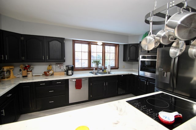 kitchen featuring dark cabinets, stainless steel appliances, and a sink