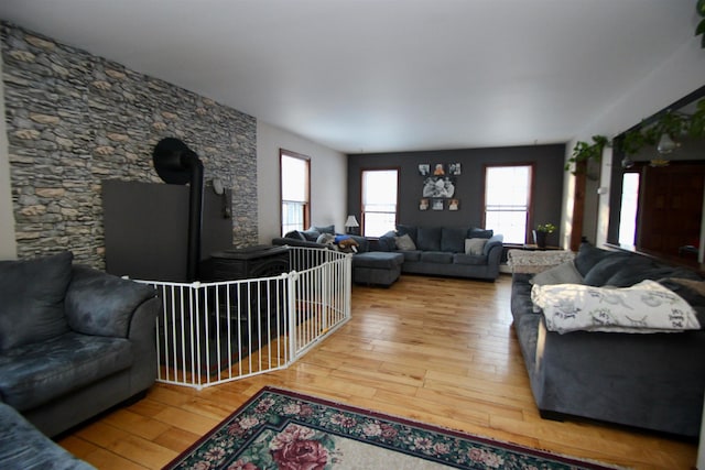 living room featuring a wood stove and wood finished floors