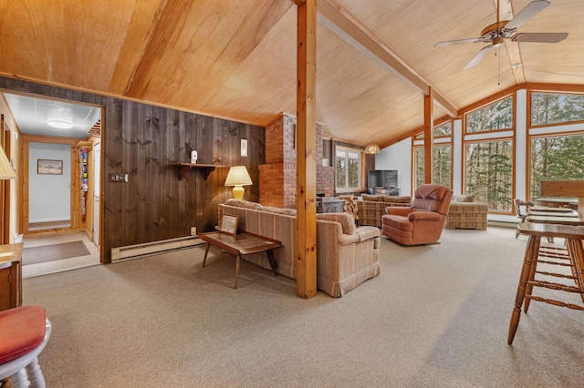 living room with carpet floors, wood ceiling, wooden walls, and baseboard heating