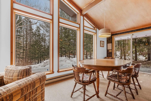 sunroom / solarium featuring a baseboard radiator and vaulted ceiling with beams