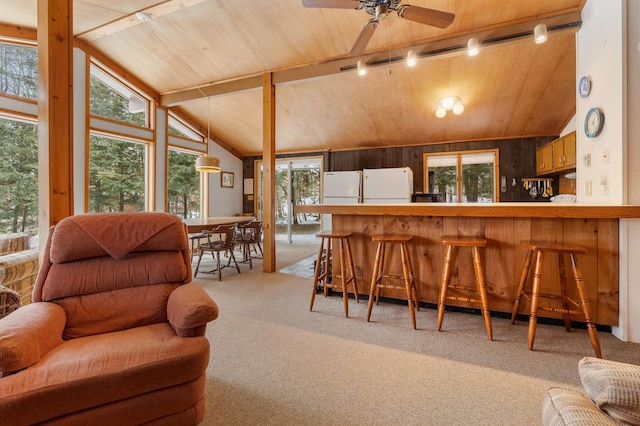 kitchen with lofted ceiling, a healthy amount of sunlight, open floor plan, and light colored carpet