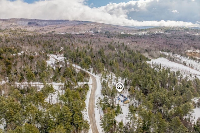 aerial view featuring a mountain view and a wooded view