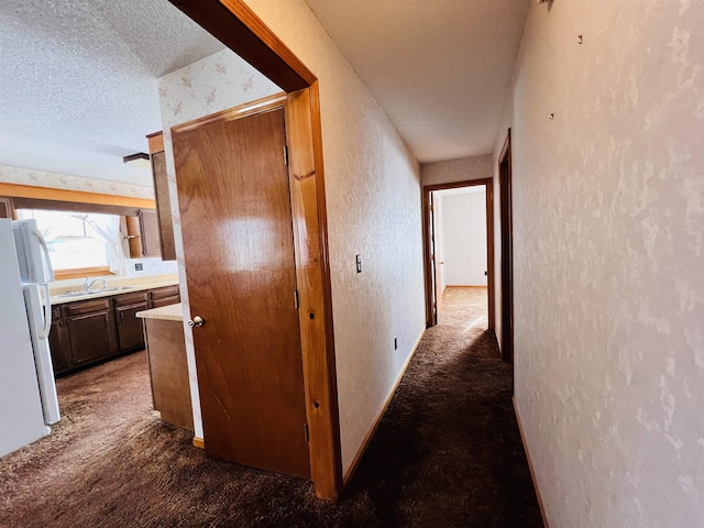 hall with carpet flooring, a textured wall, a textured ceiling, and a sink