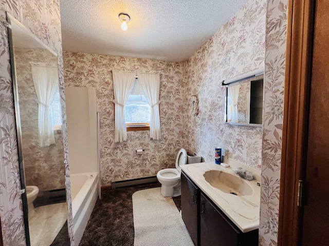 full bathroom featuring a baseboard radiator, toilet, vanity, a textured ceiling, and wallpapered walls