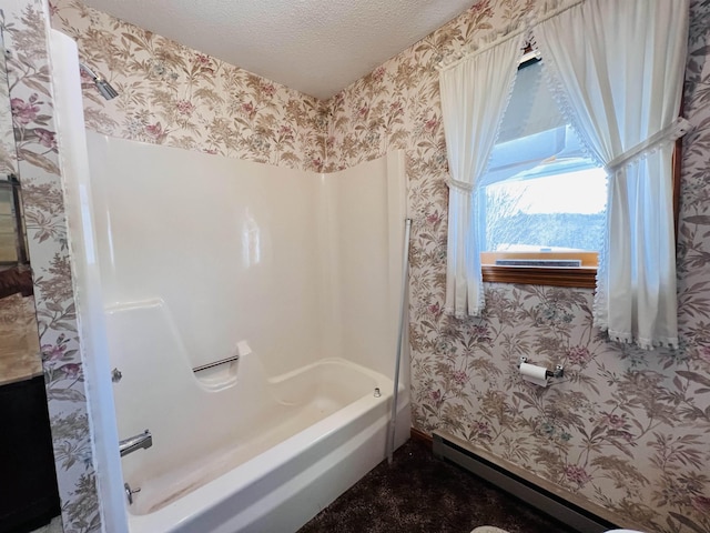 full bath featuring a textured ceiling, baseboard heating, baseboards, and wallpapered walls