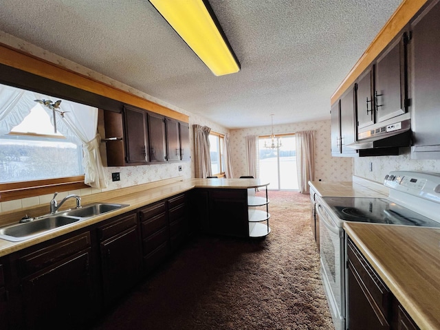 kitchen featuring wallpapered walls, white range with electric cooktop, a textured ceiling, under cabinet range hood, and a sink