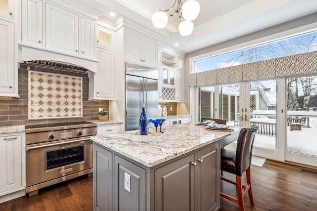 kitchen with premium appliances, a tray ceiling, white cabinetry, and dark wood finished floors