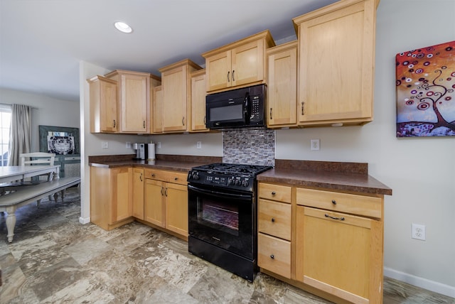 kitchen featuring dark countertops, recessed lighting, light brown cabinetry, black appliances, and baseboards