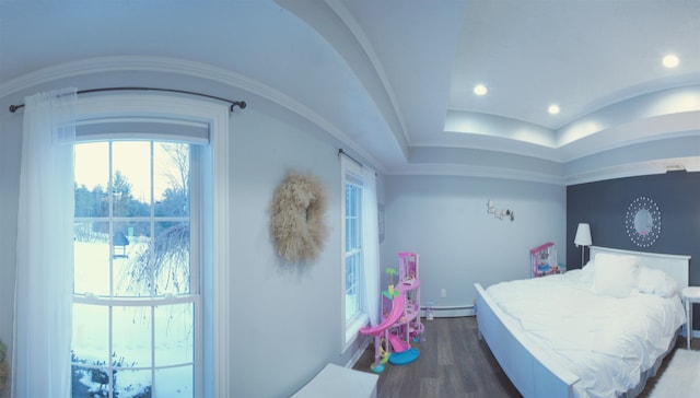 bedroom featuring arched walkways, a raised ceiling, wood finished floors, baseboard heating, and recessed lighting