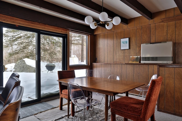 165 Upper Round Top Ext, Plymouth, VT 05056 - dining space with beamed ceiling, carpet flooring, and wooden walls