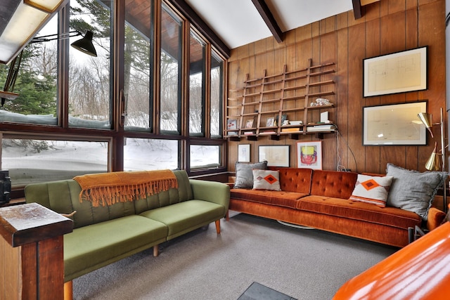 165 Upper Round Top Ext, Plymouth, VT 05056 - carpeted living room featuring wooden walls and beamed ceiling