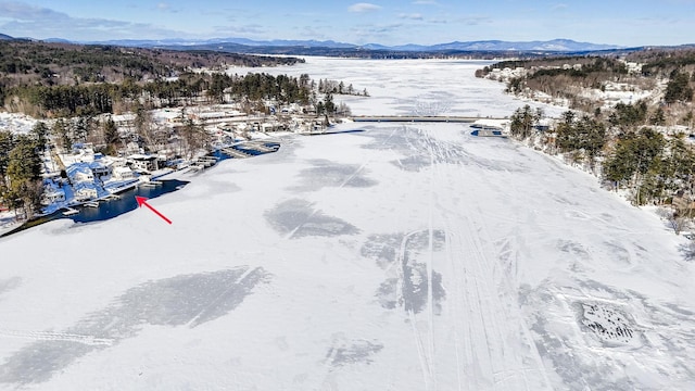 snowy aerial view with a mountain view