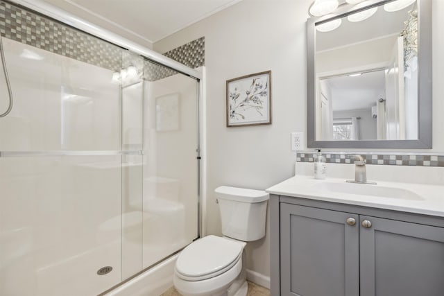 full bath with toilet, a stall shower, decorative backsplash, and vanity