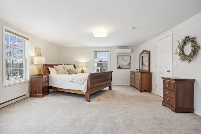 bedroom featuring a baseboard heating unit, a wall mounted AC, baseboards, and light colored carpet