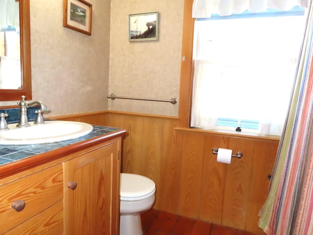 bathroom with a wainscoted wall, wood walls, vanity, and toilet