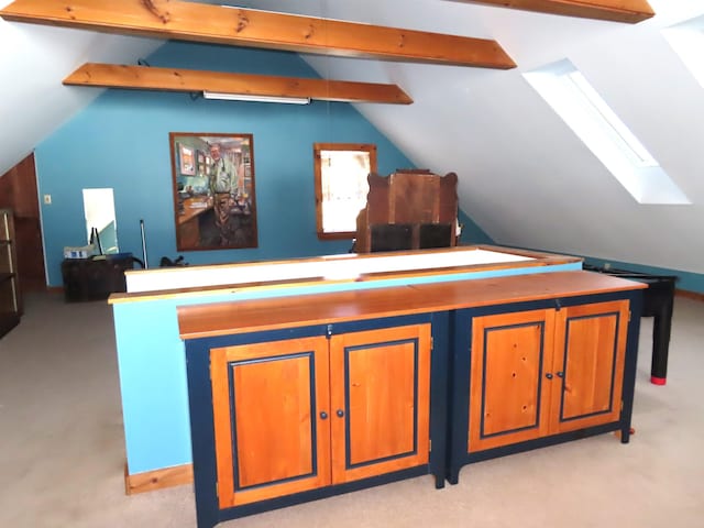 additional living space featuring light carpet and lofted ceiling with skylight