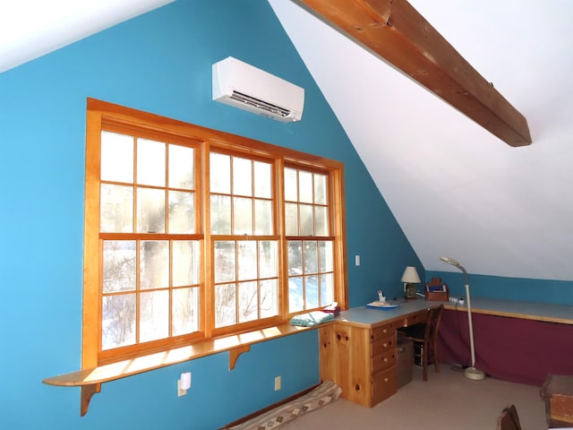 carpeted home office featuring a wall unit AC and vaulted ceiling with beams