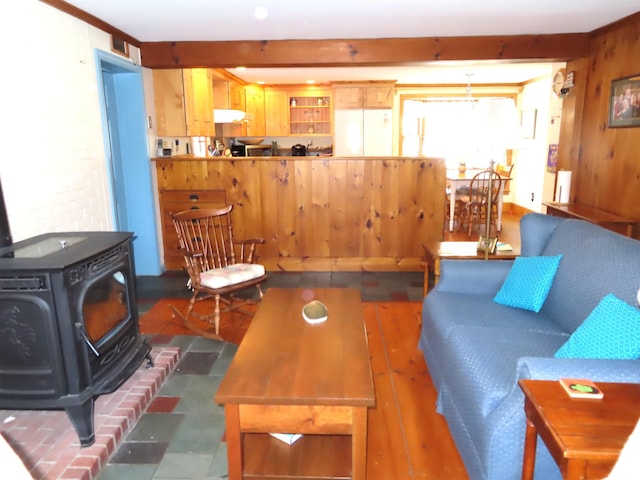 living area featuring wood walls, dark wood finished floors, and a wood stove