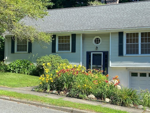 view of front of property with a shingled roof and a chimney