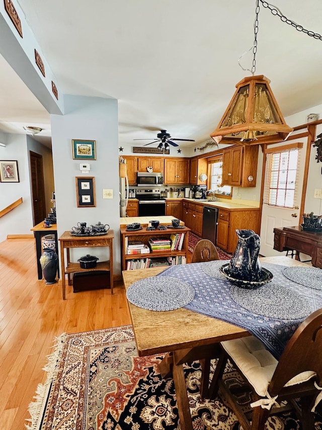 dining room featuring light wood-type flooring and ceiling fan