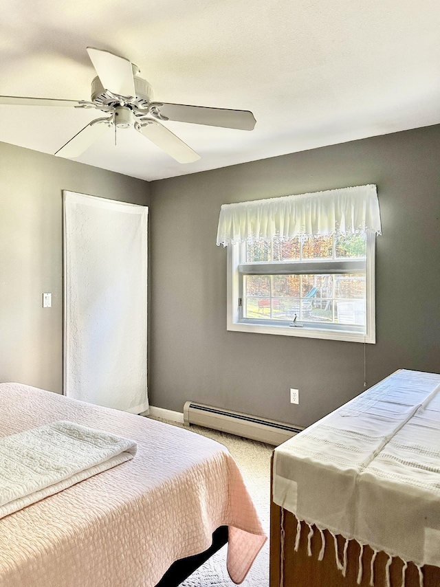 bedroom with a baseboard radiator and a ceiling fan