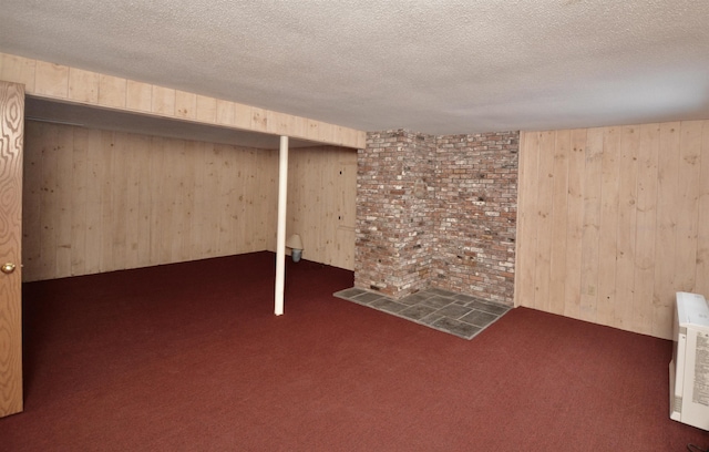 finished below grade area featuring a textured ceiling, wood walls, and carpet