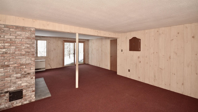 below grade area featuring wood walls, electric panel, dark carpet, and a textured ceiling