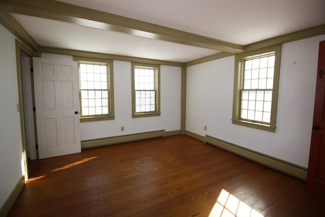 unfurnished room with hardwood / wood-style floors, baseboard heating, and baseboards