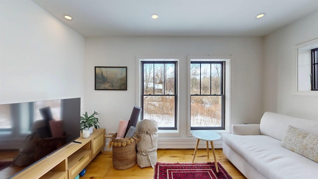 living room featuring baseboard heating, wood finished floors, and recessed lighting