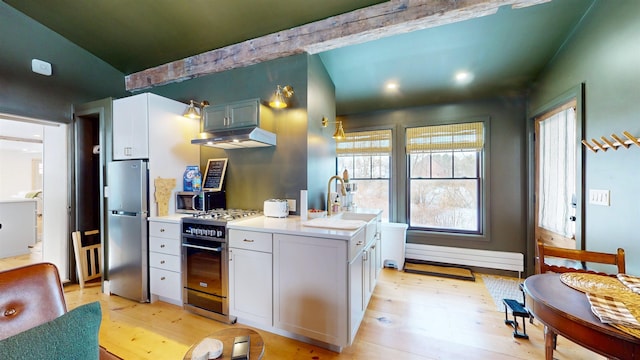 kitchen featuring light wood finished floors, stainless steel appliances, light countertops, a sink, and under cabinet range hood