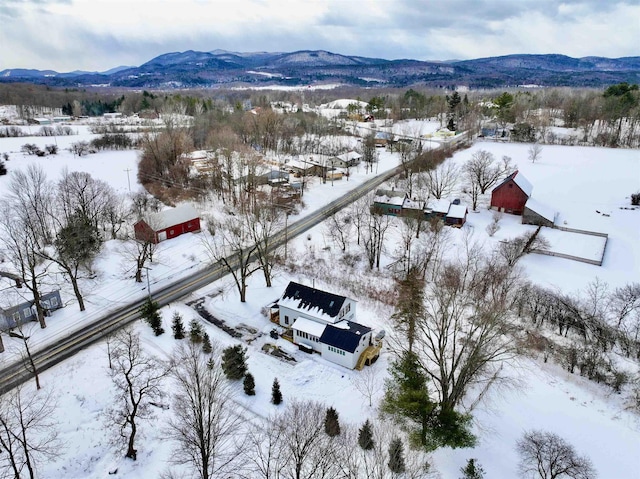 snowy aerial view featuring a mountain view