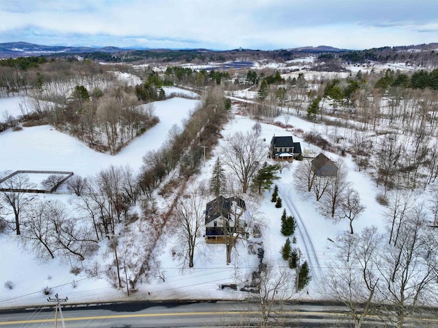 snowy aerial view with a mountain view