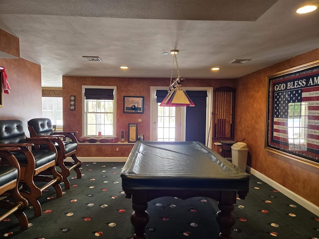 recreation room with carpet floors, baseboards, visible vents, and pool table