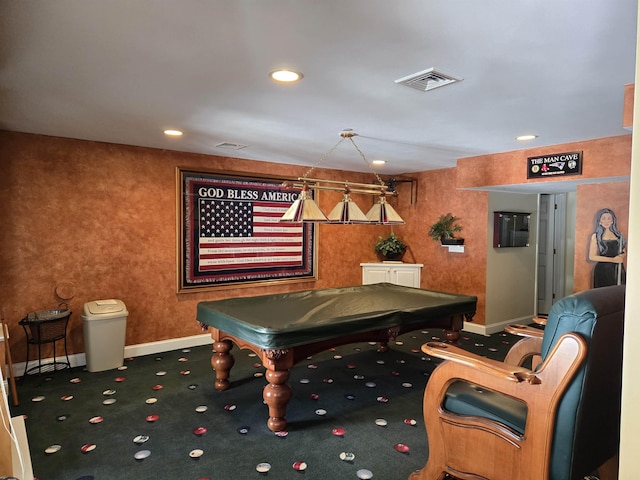 game room featuring carpet floors, baseboards, visible vents, and recessed lighting