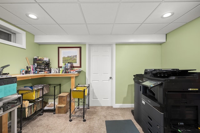 kitchen with baseboards, carpet floors, a paneled ceiling, and recessed lighting