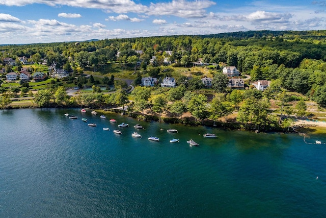 aerial view featuring a water view and a forest view