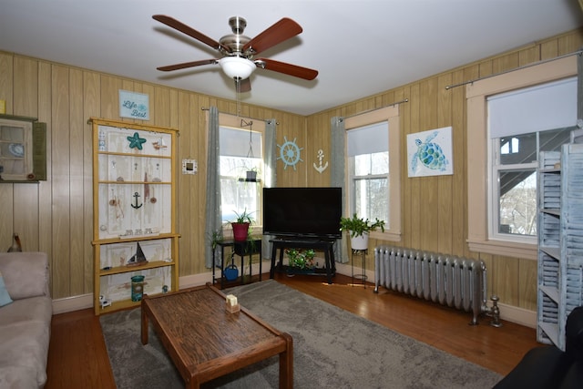 living room with radiator heating unit, a ceiling fan, a wealth of natural light, and wood finished floors