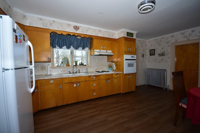 kitchen with white appliances, wallpapered walls, radiator, under cabinet range hood, and a sink