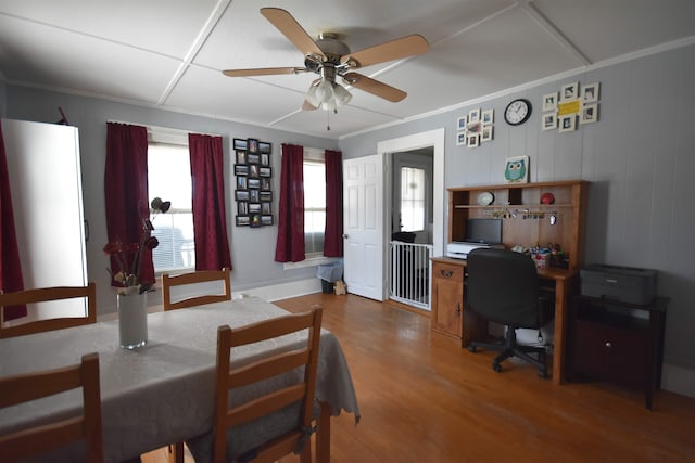 interior space with a ceiling fan, crown molding, and wood finished floors