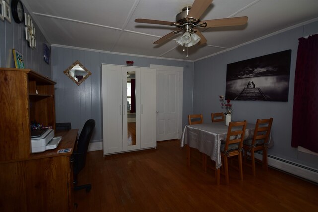 office featuring ceiling fan, a baseboard radiator, wood finished floors, and crown molding