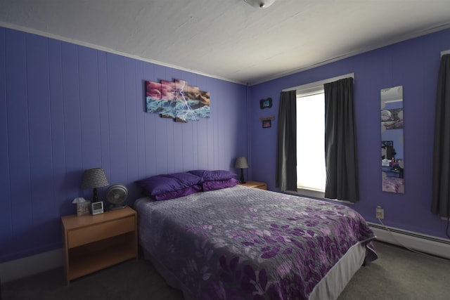 bedroom featuring carpet floors and a baseboard heating unit