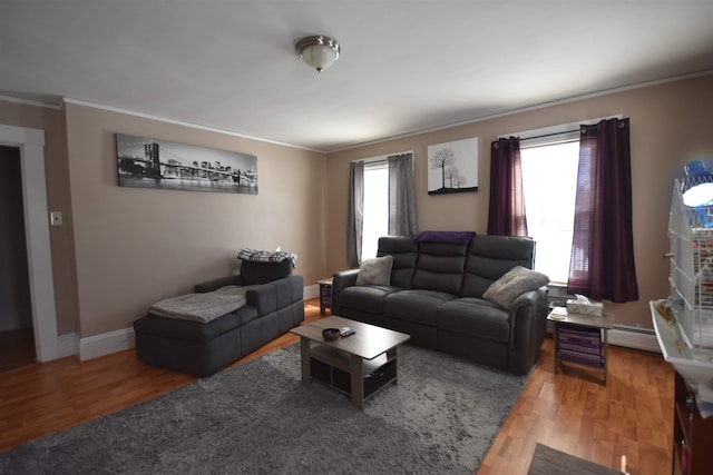 living room with a healthy amount of sunlight, ornamental molding, and wood finished floors