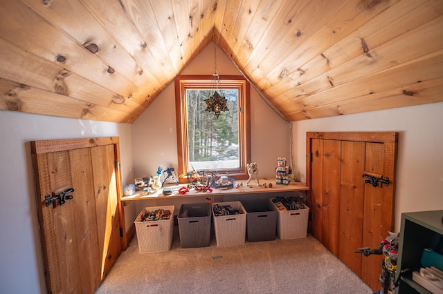 additional living space with lofted ceiling, wooden ceiling, and carpet flooring