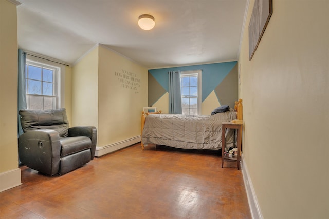 bedroom featuring ornamental molding, a baseboard radiator, hardwood / wood-style floors, and baseboards