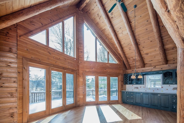 unfurnished living room featuring lofted ceiling with beams, light wood-type flooring, wood walls, and wooden ceiling