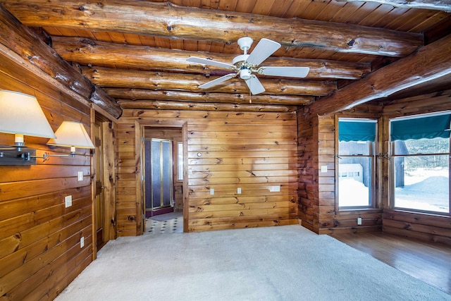 unfurnished room featuring wood ceiling, ceiling fan, beamed ceiling, and wood finished floors