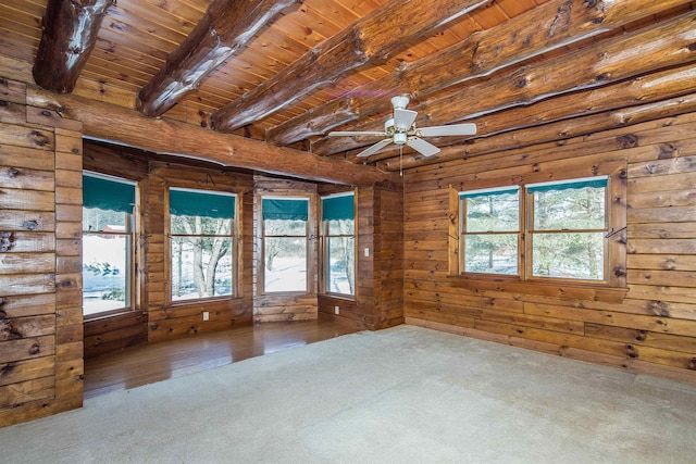 empty room featuring wooden walls, beamed ceiling, wooden ceiling, and a healthy amount of sunlight