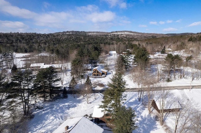 snowy aerial view with a wooded view