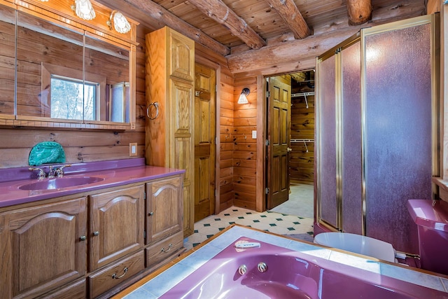 full bath featuring beam ceiling, wood ceiling, wooden walls, vanity, and a jetted tub